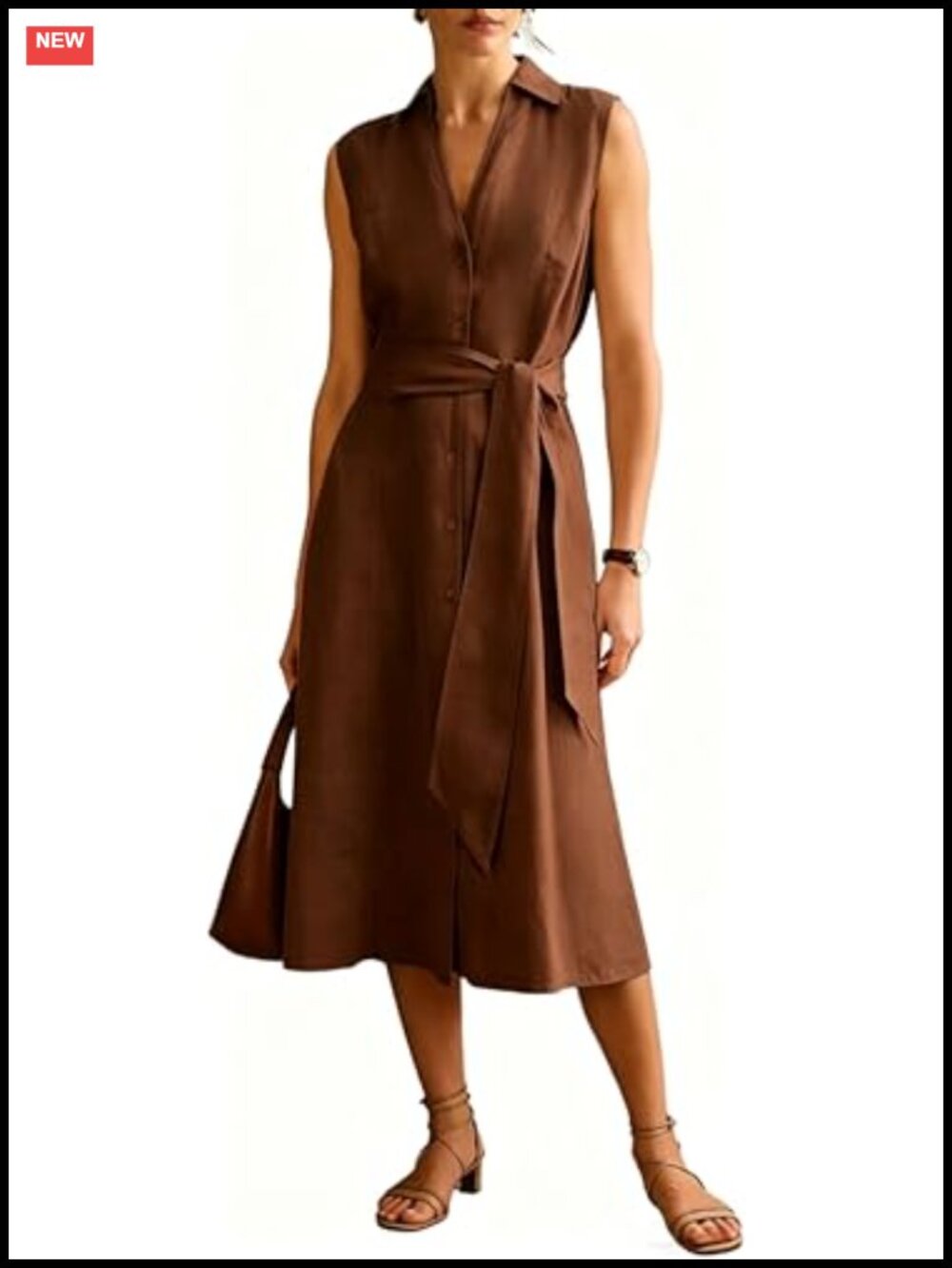 Linen Cotton Collared Shirt Dress V Neck Sleeveless Midi Belted